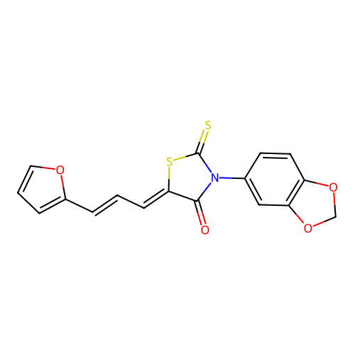 (Z)-3-(benzo[d][1,3]dioxol-5-yl)-5-((E)-3-(furan-2-yl)allylidene)-2-thioxothiazolidin-4-one structure