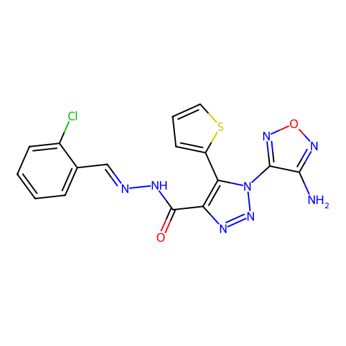 (E)-1-(4-amino-1,2,5-oxadiazol-3-yl)-N'-(2-chlorobenzylidene)-5-(thiophen-2-yl)-1H-1,2,3-triazole-4-carbohydrazide structure