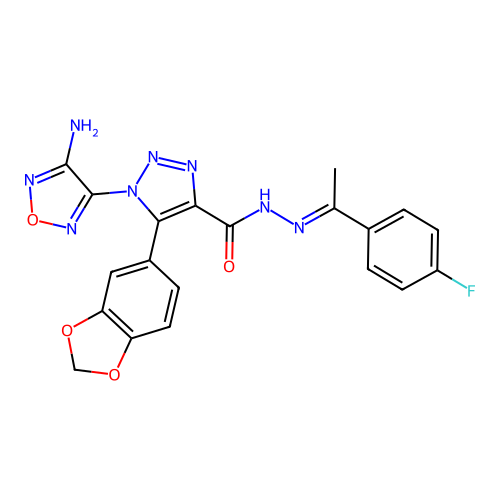 (E)-1-(4-amino-1,2,5-oxadiazol-3-yl)-5-(benzo[d][1,3]dioxol-5-yl)-N'-(1-(4-fluorophenyl)ethylidene)-1H-1,2,3-triazole-4-carbohydrazide structure