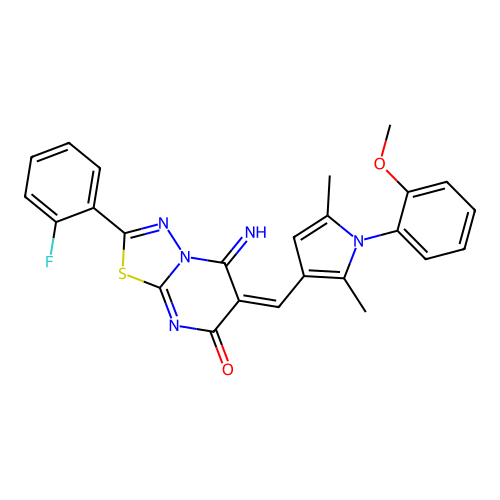 (E)-2-(2-fluorophenyl)-5-imino-6-((1-(2-methoxyphenyl)-2,5-dimethyl-1H-pyrrol-3-yl)methylene)-5H-[1,3,4]thiadiazolo[3,2-a]pyrimidin-7(6H)-one structure