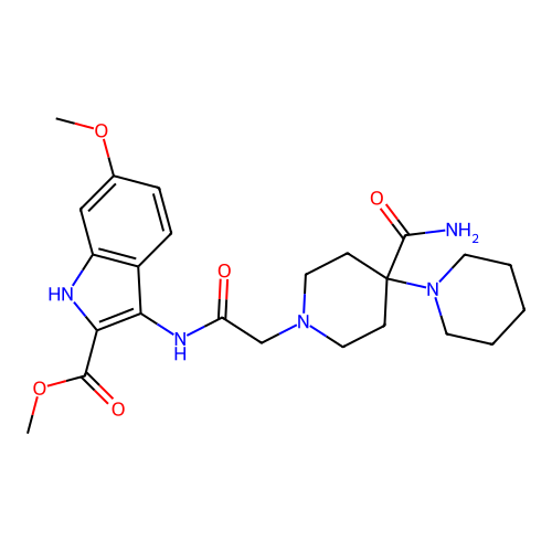 methyl 3-(2-(4'-carbamoyl-[1,4'-bipiperidin]-1'-yl)acetamido)-6-methoxy-1H-indole-2-carboxylate structure