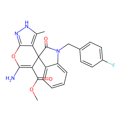 methyl 6'-amino-1-(4-fluorobenzyl)-3'-methyl-2-oxo-1'H-spiro[indoline-3,4'-pyrano[2,3-c]pyrazole]-5'-carboxylate structure