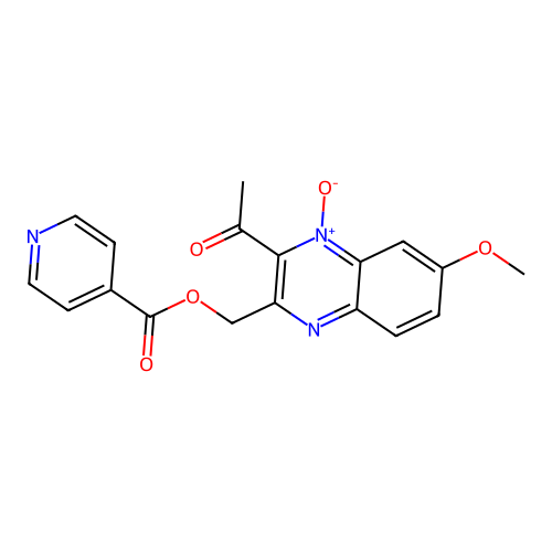 2-Acetyl-3-((isonicotinoyloxy)methyl)-7-methoxyquinoxaline 1-oxide structure