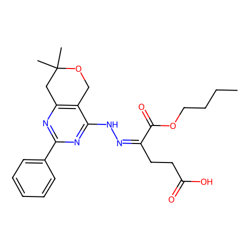 (4Z)-5-butoxy-4-[(7,7-dimethyl-2-phenyl-5,8-dihydropyrano[4,3-d]pyrimidin-4-yl)hydrazinylidene]-5-oxopentanoic acid structure