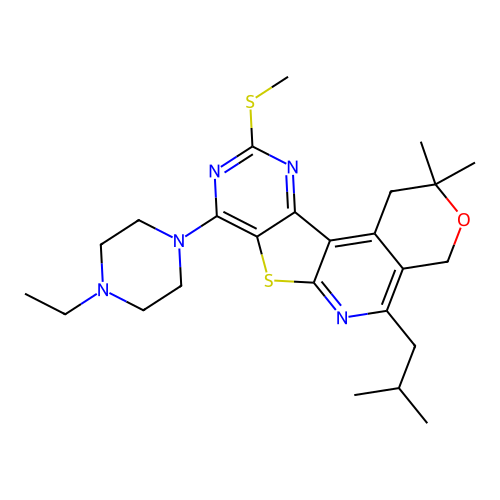 8-(4-ethylpiperazin-1-yl)-2,2-dimethyl-5-(2-methylpropyl)-10-(methylsulfanyl)-1,4-dihydro-2H-pyrano[4'',3'':4',5']pyrido[3',2':4,5]thieno[3,2-d]pyrimidine structure