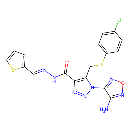 (E)-1-(4-amino-1,2,5-oxadiazol-3-yl)-5-(((4-chlorophenyl)thio)methyl)-N'-(thiophen-2-ylmethylene)-1H-1,2,3-triazole-4-carbohydrazide structure