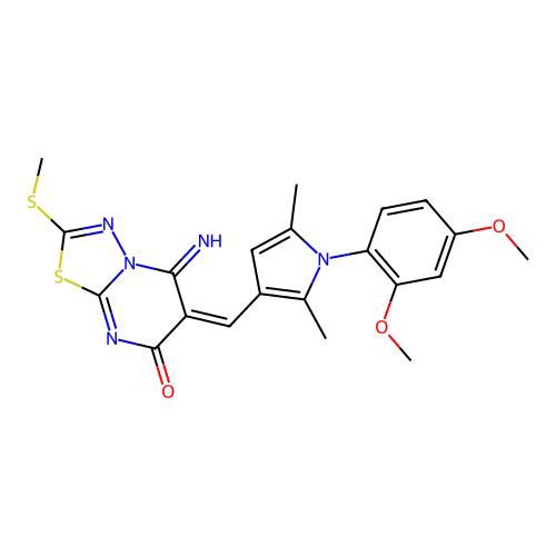 (6E)-6-[[1-(2,4-dimethoxyphenyl)-2,5-dimethylpyrrol-3-yl]methylidene]-5-imino-2-methylsulfanyl-[1,3,4]thiadiazolo[3,2-a]pyrimidin-7-one structure