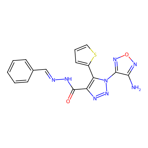 (E)-1-(4-amino-1,2,5-oxadiazol-3-yl)-N'-benzylidene-5-(thiophen-2-yl)-1H-1,2,3-triazole-4-carbohydrazide structure