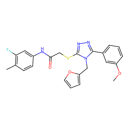 N-(3-fluoro-4-methylphenyl)-2-{[4-(furan-2-ylmethyl)-5-(3-methoxyphenyl)-4H-1,2,4-triazol-3-yl]sulfanyl}acetamide structure