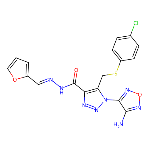(E)-1-(4-amino-1,2,5-oxadiazol-3-yl)-5-(((4-chlorophenyl)thio)methyl)-N'-(furan-2-ylmethylene)-1H-1,2,3-triazole-4-carbohydrazide structure