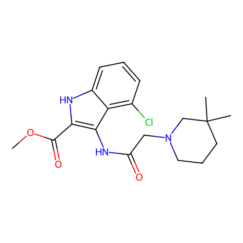 methyl 4-chloro-3-(2-(3,3-dimethylpiperidin-1-yl)acetamido)-1H-indole-2-carboxylate structure