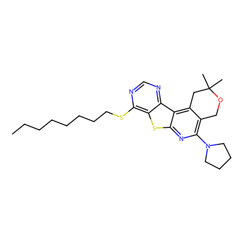2,2-dimethyl-8-(octylsulfanyl)-5-(pyrrolidin-1-yl)-1,4-dihydro-2H-pyrano[4'',3'':4',5']pyrido[3',2':4,5]thieno[3,2-d]pyrimidine structure