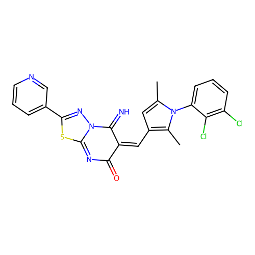 (E)-6-((1-(2,3-dichlorophenyl)-2,5-dimethyl-1H-pyrrol-3-yl)methylene)-5-imino-2-(pyridin-3-yl)-5H-[1,3,4]thiadiazolo[3,2-a]pyrimidin-7(6H)-one structure