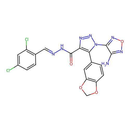 (E)-1-(4-amino-1,2,5-oxadiazol-3-yl)-5-(benzo[d][1,3]dioxol-5-yl)-N'-(2,4-dichlorobenzylidene)-1H-1,2,3-triazole-4-carbohydrazide structure