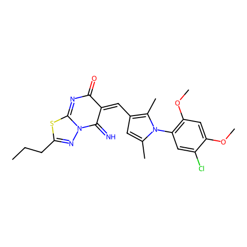 (6E)-6-[[1-(5-chloro-2,4-dimethoxyphenyl)-2,5-dimethylpyrrol-3-yl]methylidene]-5-imino-2-propyl-[1,3,4]thiadiazolo[3,2-a]pyrimidin-7-one structure