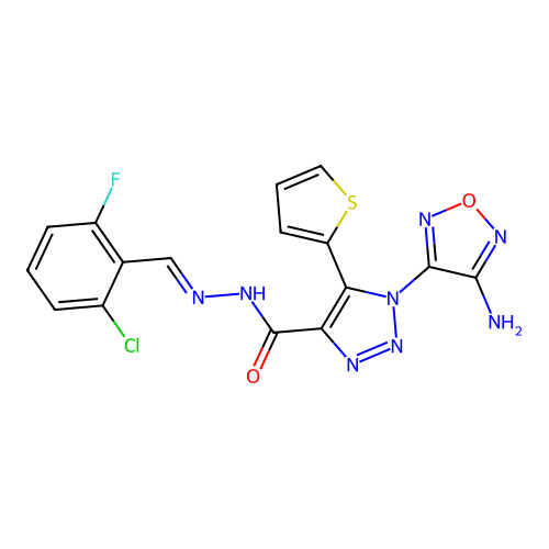 (E)-1-(4-amino-1,2,5-oxadiazol-3-yl)-N'-(2-chloro-6-fluorobenzylidene)-5-(thiophen-2-yl)-1H-1,2,3-triazole-4-carbohydrazide structure