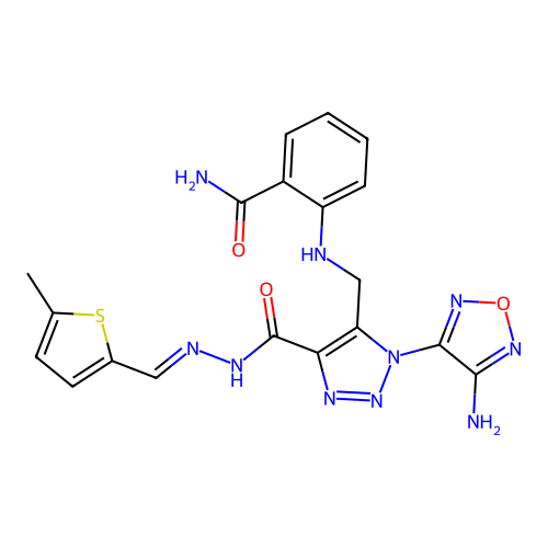 (E)-2-(((1-(4-amino-1,2,5-oxadiazol-3-yl)-4-(2-((5-methylthiophen-2-yl)methylene)hydrazinecarbonyl)-1H-1,2,3-triazol-5-yl)methyl)amino)benzamide structure