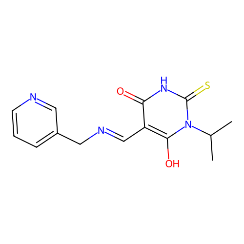 (5E)-1-propan-2-yl-5-[(pyridin-3-ylmethylamino)methylidene]-2-sulfanylidene-1,3-diazinane-4,6-dione structure