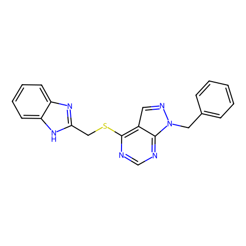 4-[(1H-benzimidazol-2-ylmethyl)sulfanyl]-1-benzyl-1H-pyrazolo[3,4-d]pyrimidine structure