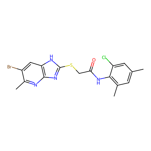 2-((6-bromo-5-methyl-3H-imidazo[4,5-b]pyridin-2-yl)thio)-N-(2-chloro-4,6-dimethylphenyl)acetamide structure