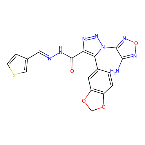 (E)-1-(4-amino-1,2,5-oxadiazol-3-yl)-5-(benzo[d][1,3]dioxol-5-yl)-N'-(thiophen-3-ylmethylene)-1H-1,2,3-triazole-4-carbohydrazide structure