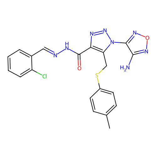 (E)-1-(4-amino-1,2,5-oxadiazol-3-yl)-N'-(2-chlorobenzylidene)-5-((p-tolylthio)methyl)-1H-1,2,3-triazole-4-carbohydrazide structure