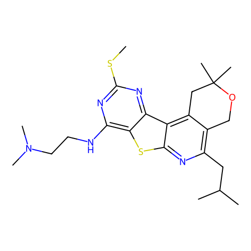 N'-[2,2-dimethyl-5-(2-methylpropyl)-10-(methylsulfanyl)-1,4-dihydro-2H-pyrano[4'',3'':4',5']pyrido[3',2':4,5]thieno[3,2-d]pyrimidin-8-yl]-N,N-dimethylethane-1,2-diamine structure