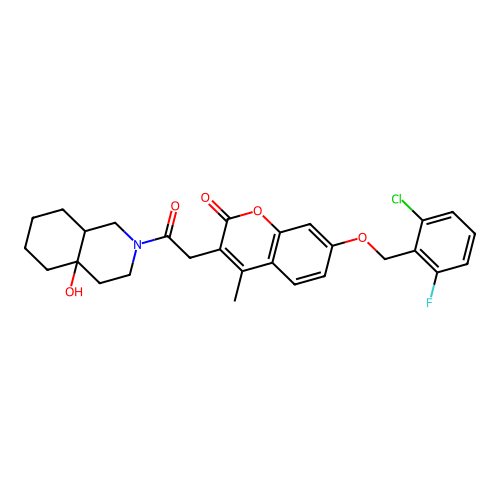 3-[2-(4a-hydroxy-1,3,4,5,6,7,8,8a-octahydroisoquinolin-2-yl)-2-oxoethyl]-7-[(2-chloro-6-fluorophenyl)methoxy]-4-methylchromen-2-one structure