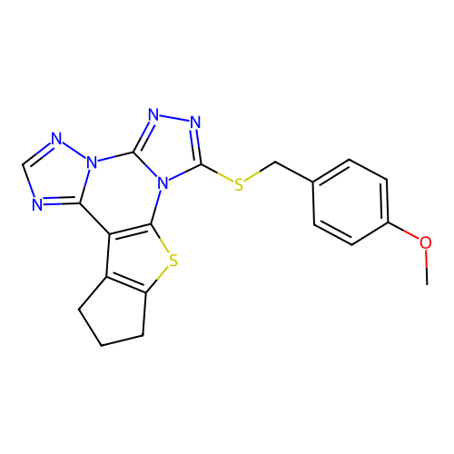 7-((4-methoxybenzyl)thio)-11,12-dihydro-10H-cyclopenta[4,5]thieno[3,2-e]bis([1,2,4]triazolo)[4,3-a:1',5'-c]pyrimidine structure