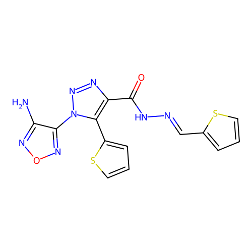 (E)-1-(4-amino-1,2,5-oxadiazol-3-yl)-5-(thiophen-2-yl)-N'-(thiophen-2-ylmethylene)-1H-1,2,3-triazole-4-carbohydrazide structure