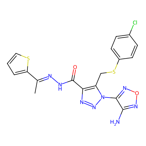 (E)-1-(4-amino-1,2,5-oxadiazol-3-yl)-5-(((4-chlorophenyl)thio)methyl)-N'-(1-(thiophen-2-yl)ethylidene)-1H-1,2,3-triazole-4-carbohydrazide structure