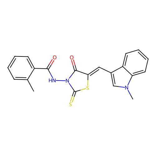 2-methyl-N-{(5Z)-5-[(1-methyl-1H-indol-3-yl)methylidene]-4-oxo-2-thioxo-1,3-thiazolidin-3-yl}benzamide structure