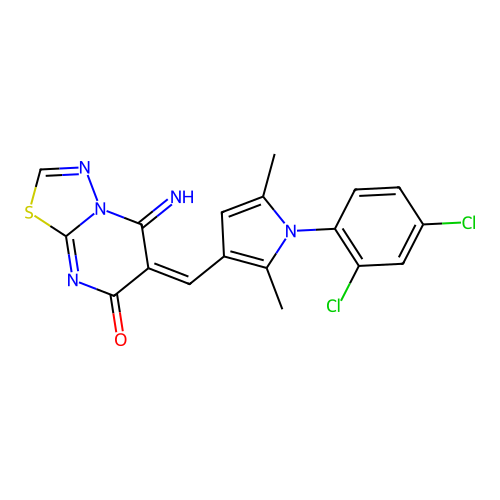 (E)-6-((1-(2,4-dichlorophenyl)-2,5-dimethyl-1H-pyrrol-3-yl)methylene)-5-imino-5H-[1,3,4]thiadiazolo[3,2-a]pyrimidin-7(6H)-one structure