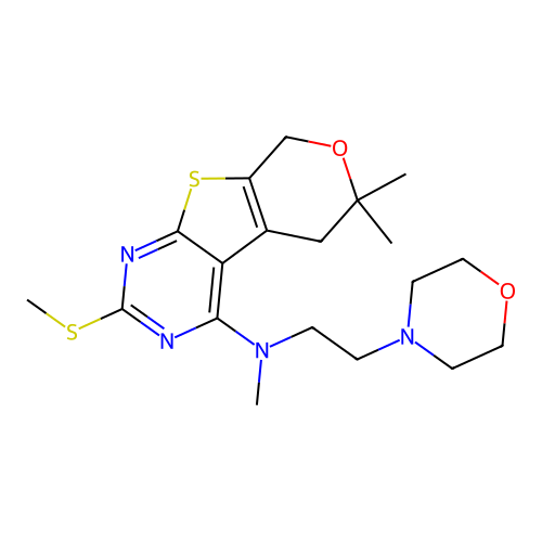 N,6,6-trimethyl-2-(methylsulfanyl)-N-[2-(morpholin-4-yl)ethyl]-5,8-dihydro-6H-pyrano[4',3':4,5]thieno[2,3-d]pyrimidin-4-amine structure