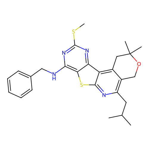 N-benzyl-2,2-dimethyl-5-(2-methylpropyl)-10-(methylsulfanyl)-1,4-dihydro-2H-pyrano[4'',3'':4',5']pyrido[3',2':4,5]thieno[3,2-d]pyrimidin-8-amine structure