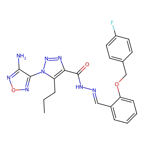 (E)-1-(4-amino-1,2,5-oxadiazol-3-yl)-N'-(2-((4-fluorobenzyl)oxy)benzylidene)-5-propyl-1H-1,2,3-triazole-4-carbohydrazide structure