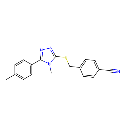 4-(((4-methyl-5-(p-tolyl)-4H-1,2,4-triazol-3-yl)thio)methyl)benzonitrile structure