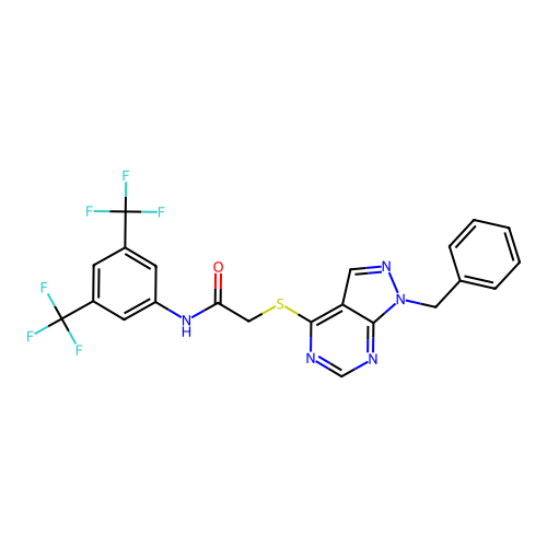 2-((1-benzyl-1H-pyrazolo[3,4-d]pyrimidin-4-yl)thio)-N-(3,5-bis(trifluoromethyl)phenyl)acetamide structure