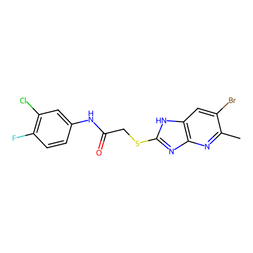 2-[(6-bromo-5-methyl-1H-imidazo[4,5-b]pyridin-2-yl)sulfanyl]-N-(3-chloro-4-fluorophenyl)acetamide structure