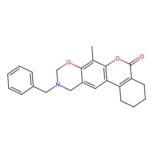 10-benzyl-7-methyl-1,2,3,4,9,11-hexahydroisochromeno[4,3-g][1,3]benzoxazin-5-one structure