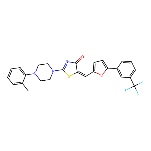 (5E)-2-[4-(2-methylphenyl)piperazin-1-yl]-5-({5-[3-(trifluoromethyl)phenyl]furan-2-yl}methylidene)-1,3-thiazol-4(5H)-one structure