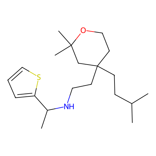 N-{2-[2,2-dimethyl-4-(3-methylbutyl)tetrahydro-2H-pyran-4-yl]ethyl}-1-(thiophen-2-yl)ethanamine structure