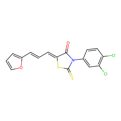 5-((2E)-3-(2-furyl)prop-2-enylidene)-3-(3,4-dichlorophenyl)-2-thioxo-1,3-thiaz olidin-4-one structure