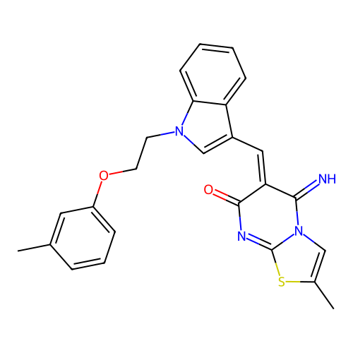 (6Z)-5-imino-2-methyl-6-({1-[2-(3-methylphenoxy)ethyl]-1H-indol-3-yl}methylidene)-5,6-dihydro-7H-[1,3]thiazolo[3,2-a]pyrimidin-7-one structure