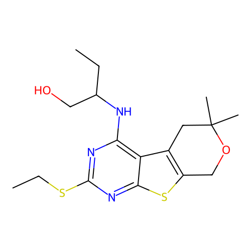 2-((2-(ethylthio)-6,6-dimethyl-6,8-dihydro-5H-pyrano[4',3':4,5]thieno[2,3-d]pyrimidin-4-yl)amino)butan-1-ol structure