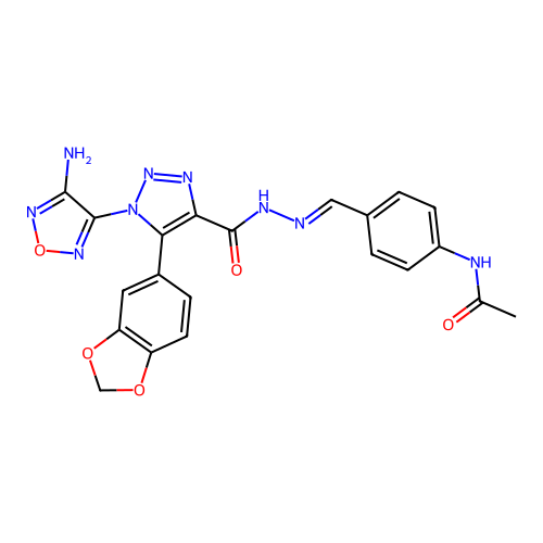 (E)-N-(4-((2-(1-(4-amino-1,2,5-oxadiazol-3-yl)-5-(benzo[d][1,3]dioxol-5-yl)-1H-1,2,3-triazole-4-carbonyl)hydrazono)methyl)phenyl)acetamide structure