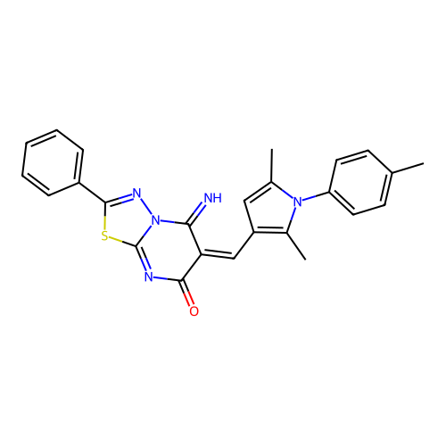 (E)-6-((2,5-dimethyl-1-(p-tolyl)-1H-pyrrol-3-yl)methylene)-5-imino-2-phenyl-5H-[1,3,4]thiadiazolo[3,2-a]pyrimidin-7(6H)-one structure