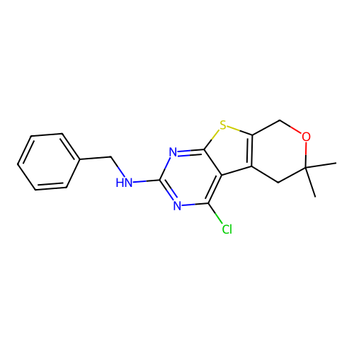 N-benzyl-4-chloro-6,6-dimethyl-5,8-dihydro-6H-pyrano[4',3':4,5]thieno[2,3-d]pyrimidin-2-amine structure