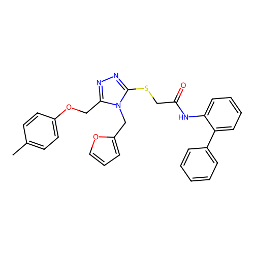 2-[[4-(furan-2-ylmethyl)-5-[(4-methylphenoxy)methyl]-1,2,4-triazol-3-yl]sulfanyl]-N-(2-phenylphenyl)acetamide structure