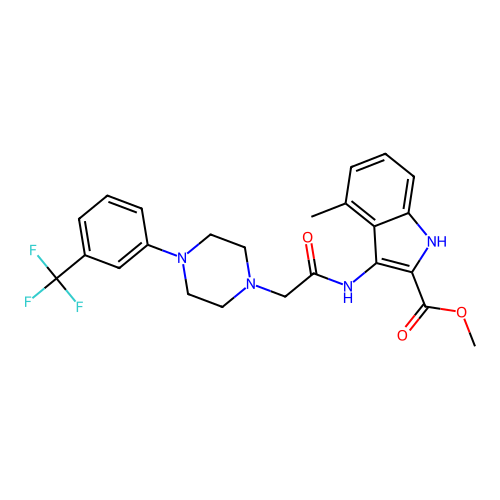 methyl 4-methyl-3-(2-(4-(3-(trifluoromethyl)phenyl)piperazin-1-yl)acetamido)-1H-indole-2-carboxylate structure